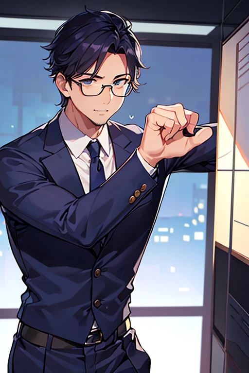 male people、40age、manly、Have muscles、businessman、s Office、suits、up of face、neat face、The upper part of the body、clenching teeth、eye glass、clap your fist
