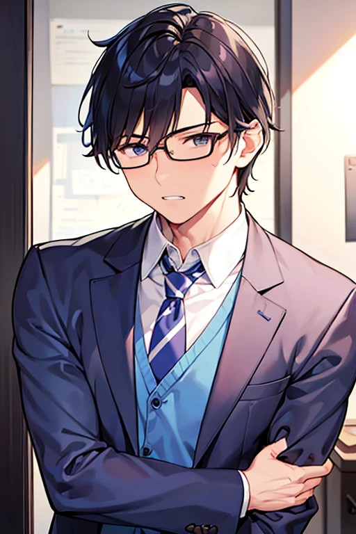 male people、40age、manly、Have muscles、businessman、s Office、suits、up of face、neat face、The upper part of the body、clenching teeth、eye glass、clap your fist