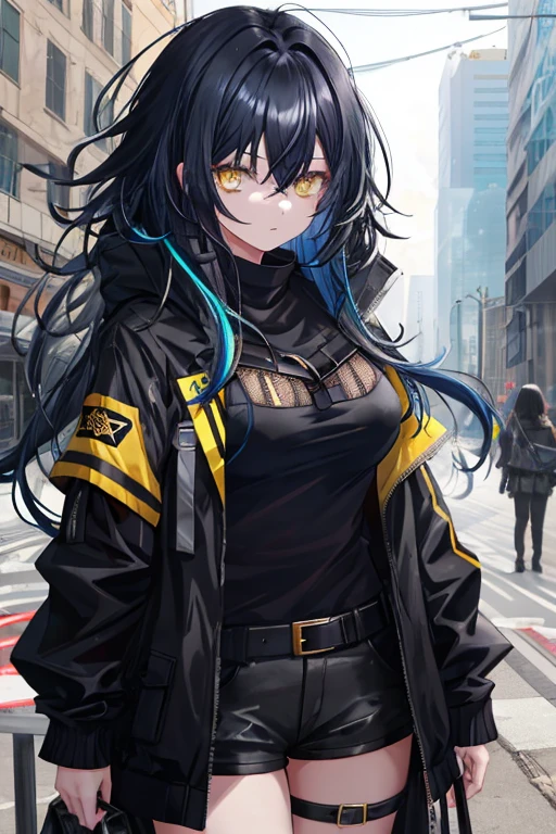 1girl, (black dark blue hair), split-color hair, yellow eyes, long hair, ((messy hair)), bare hip, open black jacket, large breasts, belts around the bra,