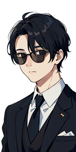 (top-quality、masterpiece)、1 boy、The upper part of the body、astonished face、a stunningly、black suits、neck tie、Sunglasses、arms in arms