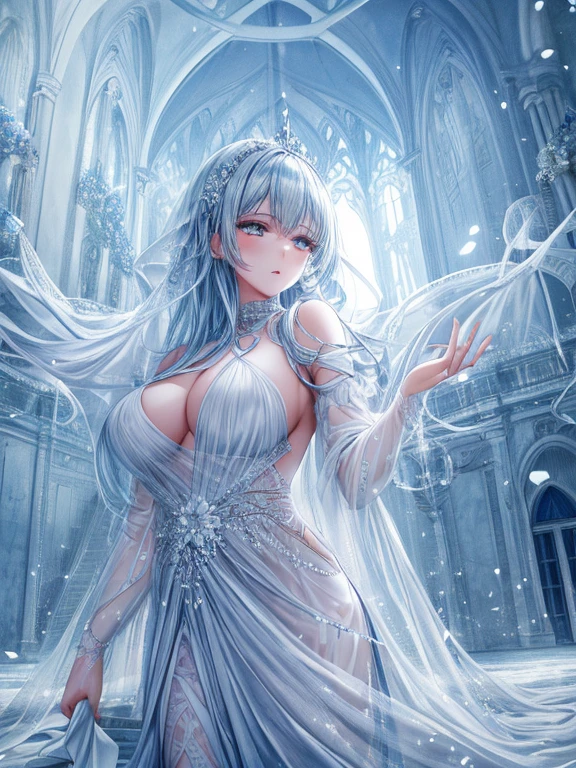 scenecy, Paradise in Heaven, White lighting,(masutepiece), (Best Quality), (Cinematic), 8K, (art  stations), Li Yue painting style. (長い白い髪とSilvery eyesを持つ1人の女), (流れるような白くSheerドレス)、Beautiful delicate face]、[ Blue skin] [+ Body parts] [ Particle Lou Full Moon] [Frozen trees々] [landscape crystal] [Lighting] [Ethereal Atmosphere]:1.1 [Fantasy, short story] [soft Lighting] [+Cinematic shot]:1.2 [+art  stations] [+luminous white background] [+soft Lighting] [soft glow] [Creative and dynamic angles]:1.3, [+Crystal Toning] 、masutepiece, ighly detailed, Ultra-detailed, Solo, (pale skin), Silvery eyes, Frosty white hair, (snowy background), snowflake rosen flower:1.5), (crystal crown), (shining crystal), (((白くSheerドレス))), (Snowy ground), (Icy breath), (Frozen lashes), 花のある部屋に立つSheer繊細なウェディングドレスを着た美女, Female sexy、luxurious wedding, very magical and dreamy, dreamy and detailed, ethereal fairy tale, The setting of a fairy tale:, 贅沢なSheer薄いドレス, dreamy diamond、たくさんのクリスタルが付いたSheerドレス, fantasy sheer dress, A magical dress with a transparent chest, crystal see-through dress, Woman in a transparent dress with sparkling flowersな雰囲気とドラマ, Gorgeous setting, long luxurious intricate sheer gown, 妖しい雰囲気 masutepiece, The most beautiful scenes, An majestic、(((full of white flowers)))、quiet and serene atmosphere、A charming, Sheer,The nipple is visible、large boob、sexy-S 100,たくさんのクリスタルが付いたSheerドレス, fantasy sheer dress, Transparent chest dress, crystal see-through dress, Woman in a transparent dress with sparkling flowers, intricate fantasy sheer dress, transparent rainbow color, Detailed translucent costume design, transparent dress, a stunning young ethereal figure, Bejeweled Opal Statue, fantasy transparent costume,pure white and dazzling、all white tones,Inside the crystal library,Transparent flowers and falling snow，Many white roses were planted,flowingwater,falls,water bloom,The decoration is also carefully done.,Dreamy（ighly detailedです，Creative Design，crisp and precise lines，K HD，best qualtiy，tmasterpiece，超A high resolution，4K）