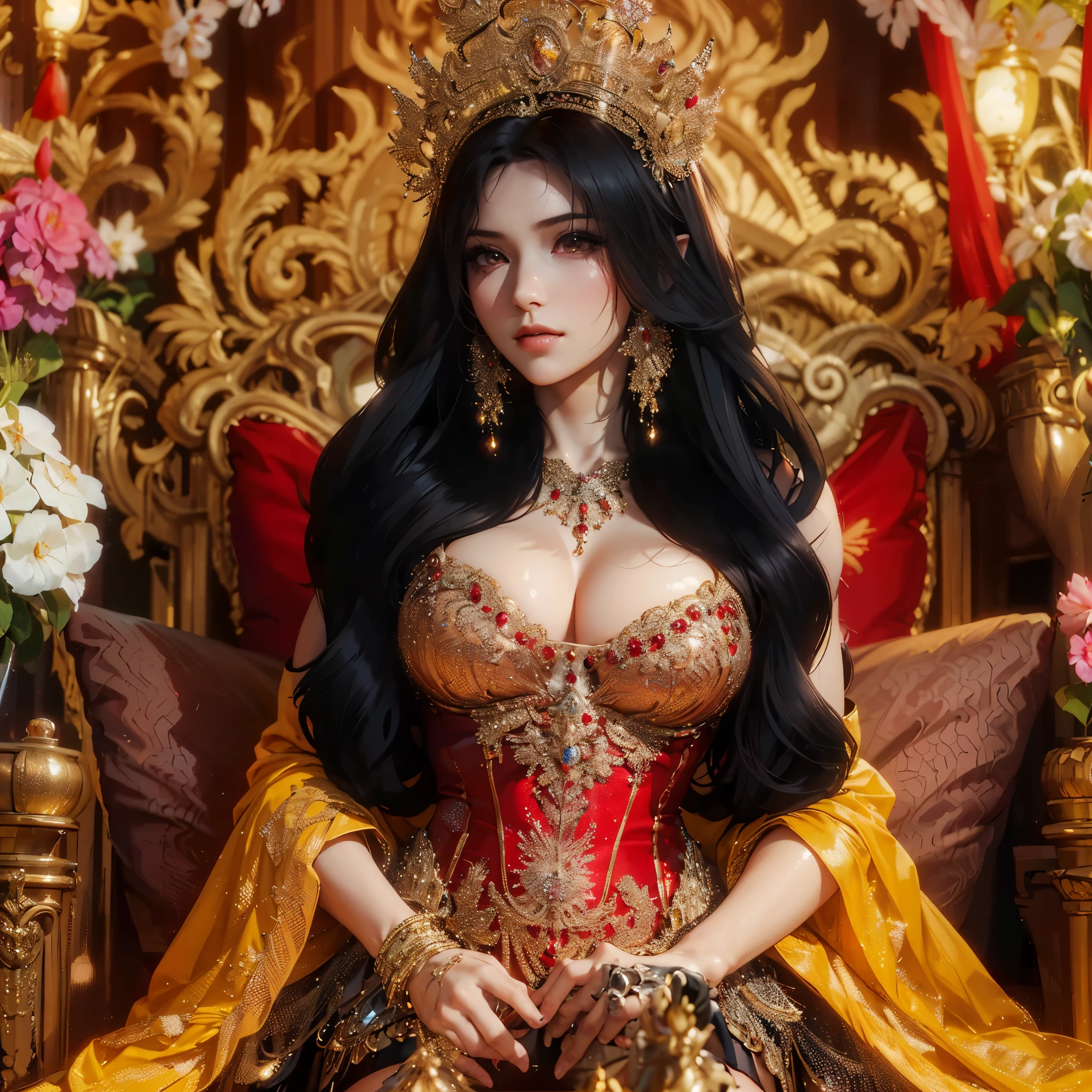 a close up of a woman in a red and gold dress sitting on a gold throne, a beautiful fantasy empress, ((a beautiful fantasy empreseautiful elegant demon queen, chinese empress, beautiful oriental woman, ornate , chinese princess, anime thai girl, lovely queen, royal elegant pose, beautiful and elegant elf queen, 8k high quality detailed art, 8k)), masterpiece, best quality:1.2),,(8k,highres,RAW photo,realistic,photo-realistic:1.3),(detailed skin texture,detailed cloth texture,beautiful detailed face:1.25),professional lighting,photon mapping,beautiful soft light,radiosity,physically-based rendering,raytracing, model shoot style, model shoot style, (extremely detailed CG unity 8k wallpaper), full shot body photo of the most beautiful artwork in the world,