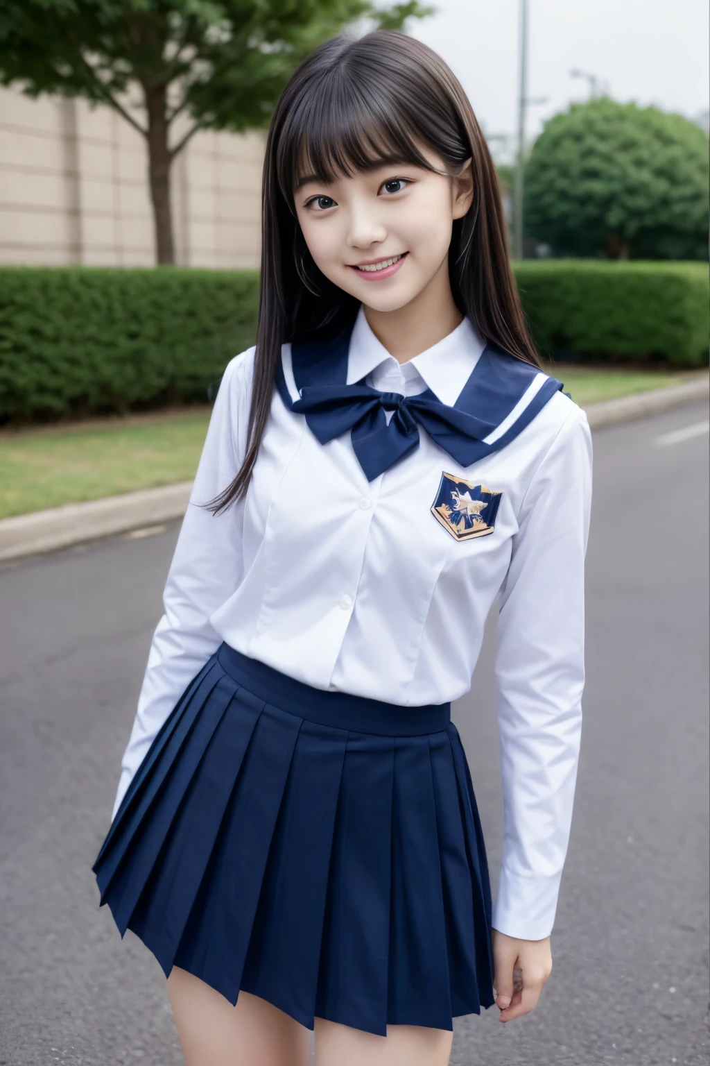 Close up of woman posing for photo,  japanese model model, 16-year-old female model,  4K、bangss、A dark-haired、bobhair、Middle hair、Straight hair、(white long sleeve school uniform, Navy blue pleated skirt:1.2),　(Super cute face in idol style:1.2)、school classrooms、slim and beautiful figure、beutiful breast、A smile、full body Esbian、school classrooms美しい脚、sexy  pose、white sock、White sneakers、