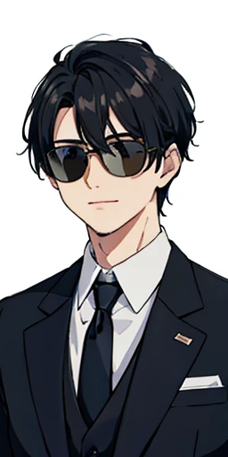 (top-quality、masterpiece)、1 boy、a smile、The upper part of the body、astonished face、a stunningly、black suits、neck tie、Sunglasses、arms in arms