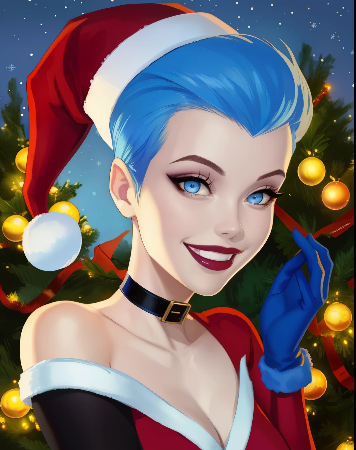 Livewire,blue punk hair,blue eyes smiling, white skin,
leotard,black thighhighs
(insanely detailed, beautiful detailed face,beautiful detailed eyes, masterpiece, best quality), christmas decorations, Christmas tree、Christmas cake、masterpiece、top-quality、detaileds、high resolution illustration),Delicate Makeup, (a closeup:1.2)、POV、 ((santa costume:1.2)),  best quality, (masterpiece),(ultra-detailed), (high quality), (high resolution), 1girl,  choker, gloves, elbow gloves, makeup, cute smile, Christmas gifts, outdoors, lights