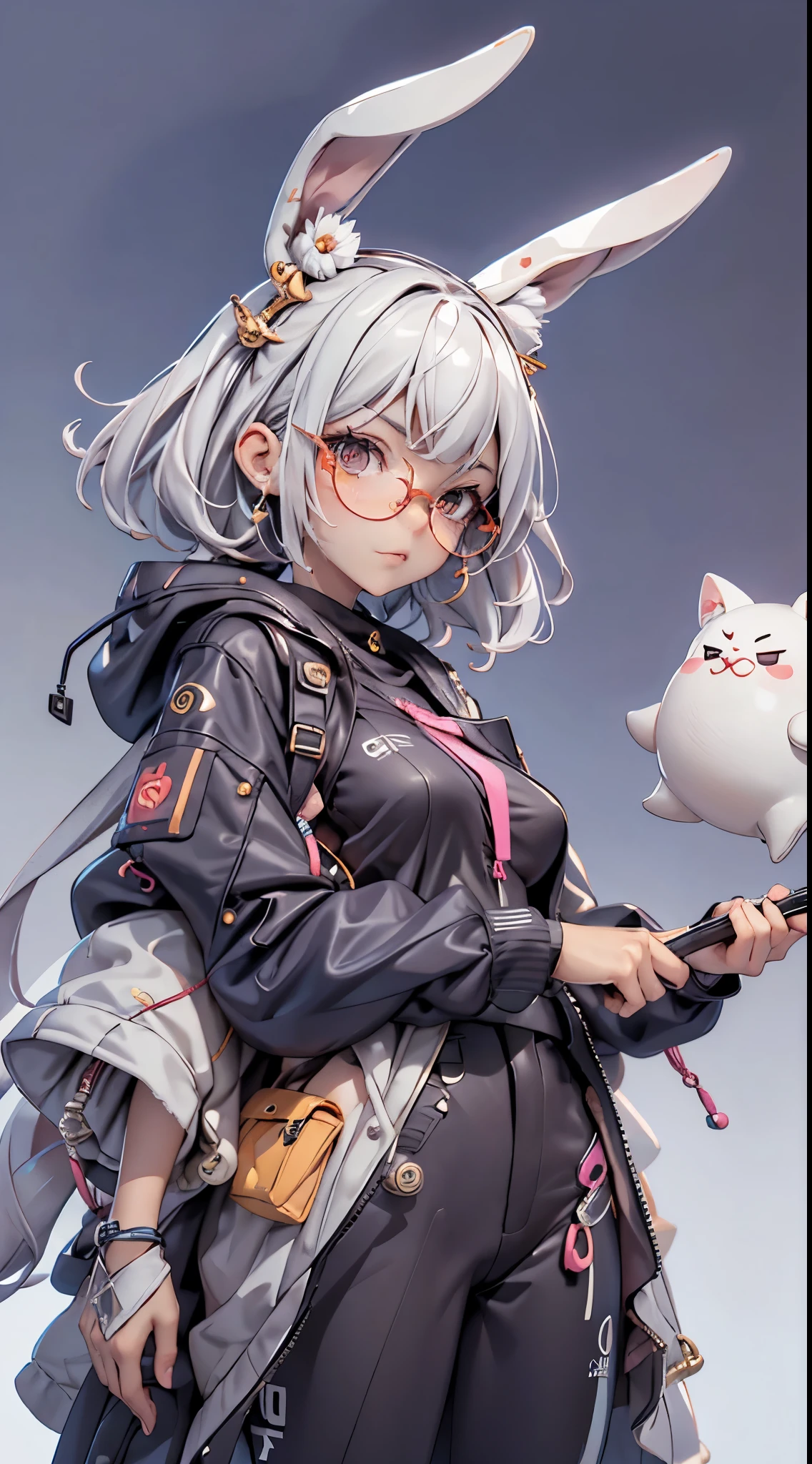(tmasterpiece), (Excellent), (Super detailed pictures: 1.2), Super Young Woman, The beautiful, sexy for, burst, oriental face, TV Anchor, Broken, Alone, Black suit, a blue tie, silver glasses, The face is a little fat, My face is already clean, No beard, black super short hair, 黑The eye, confident smile, 3c Computer Sub-Products, iPad, iPhone, digitial painting, 3D character design by Mark Claireldon and Pixar and Hayao Miyazaki, This picture is a 4K resolution high-definition picture,Visual effects with very detailed facial features and style.