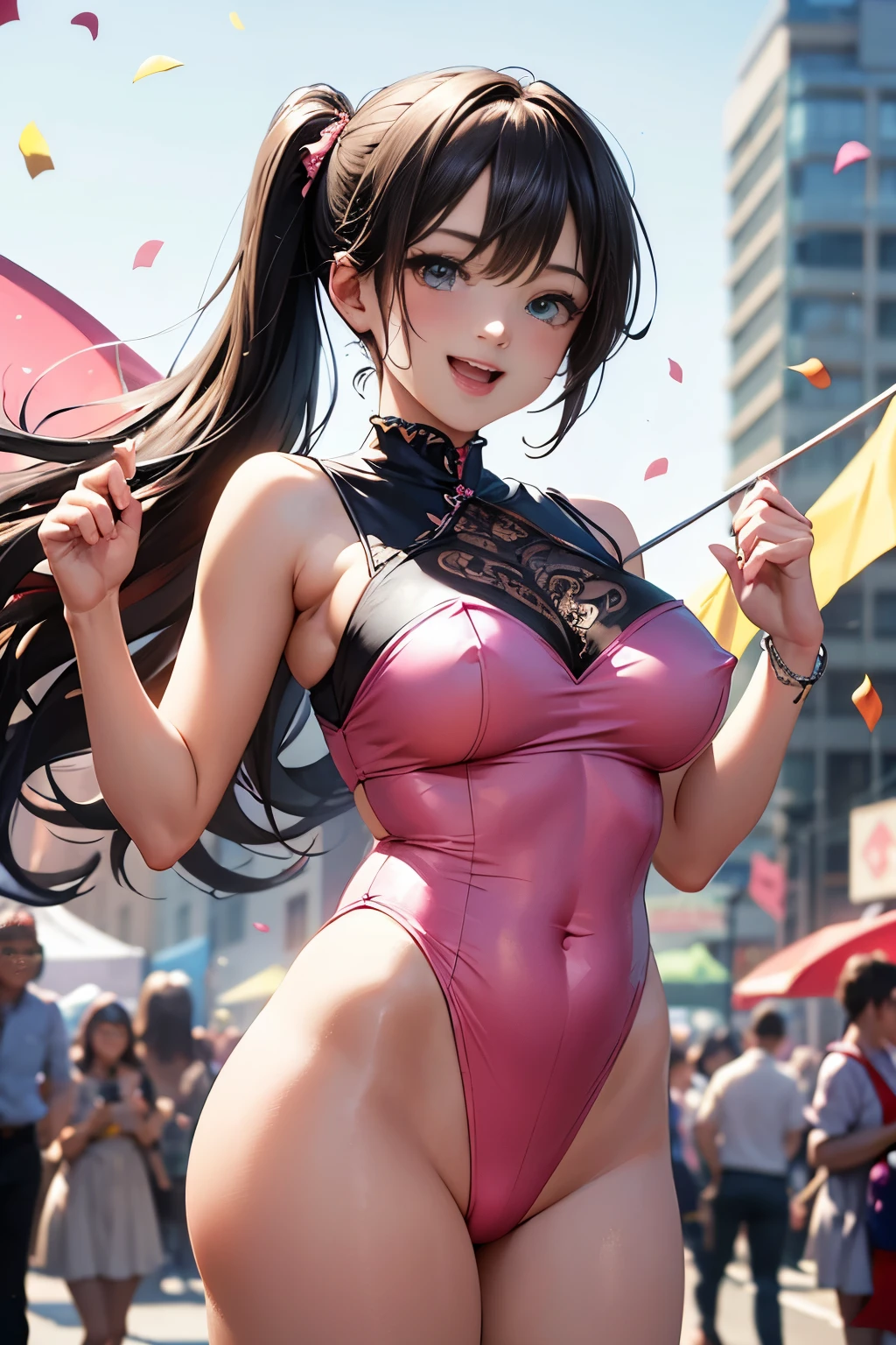 Very cute and beautiful girl,(very detailed beautiful face and eyes:1.2),(Pink leotard:1.2),(Sleeveless),(Laugh),、Silver Hair、poneyTail、
city street festival,(parade:1.2),(Many people wearing pastel colored costumes),a flag,empty confetti,Outdoors,depth of fields,
(Cowboy Shot),zettai ryouiki,Standing,Detailed legs,Dynamic Pose,Dynamic Angle,Black hair,Hair Band,
(Best Quality,masutepiece:1.2),Intricate details,hight resolution,Solo Focus,Natural lighting,Hair fluttering in the wind,
