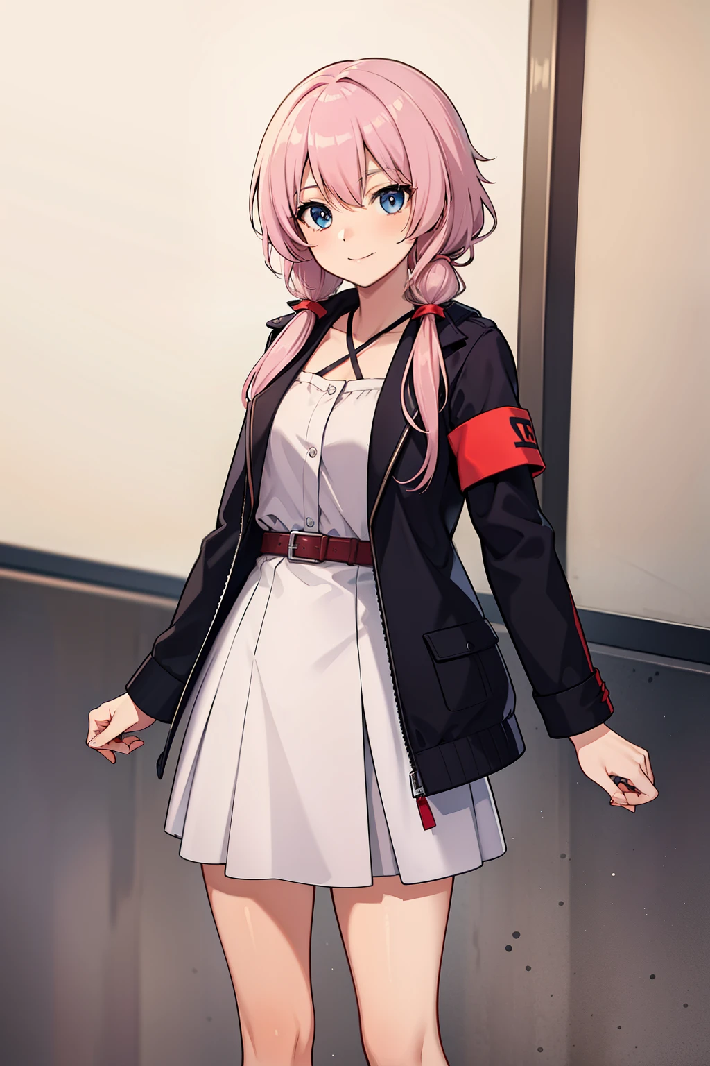 (high-quality, breathtaking),(expressive eyes, perfect face) portrait, 1girl, female, solo, adult woman, mum, age late 20's, soft light pink hair, light blue coloured eyes, stylised hair tied in low pigtails, gentle smile, medium length hair, loose hair, side bangs, curley hair, looking at viewer, portrait, happy expression, red ribbon armband tied around her left arm, modern clothing, modern dress, red and black jacket, thin stylish modern belt around waist, white dress, short ankle boots, height 5"6