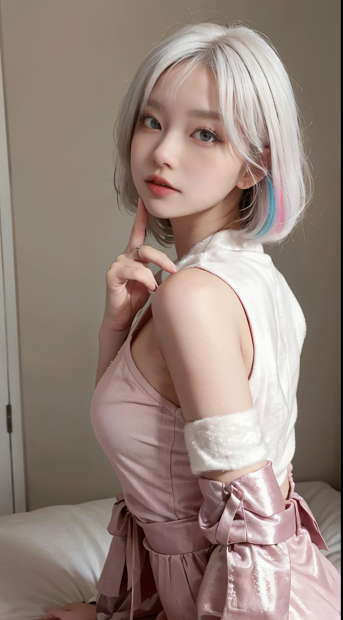 Top image quality、Raw photography、超A high resolution、21-year-old Korean、small tits、Dynamic angles、Cowboy Shots、The most beautiful forms chaos、elegent、Brutalist design、Brightly colored beautiful white hair、a short bob、smil、shiny white skin、Beautiful eyes with random colors、Very beautiful eyes down to the details、elongated eyes、thin lipss、pale pink blush、long eyeslashes、beautiful double eyelid、eyeshadows、Christmas、Santa Cosplay  、shot from a side angle、Point your finger up、sexy  pose