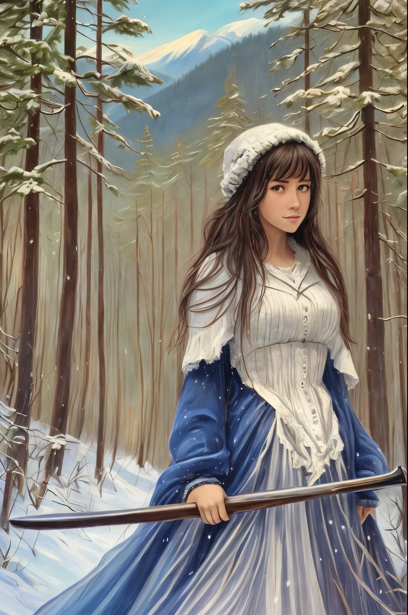 Image of a woman with long hair, wearing a flowing blue dress, standing in a snowy forest. She is holding a sword in her hand and has a determined expression on her face. The background is a wintery landscape with snow-covered trees and mountains --auto --s2