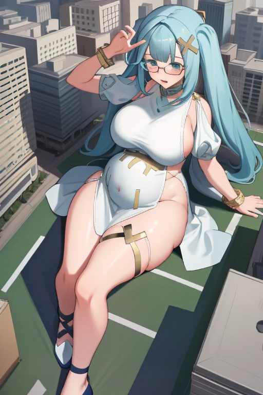 Giant maiden，Moe two-dimensional style，Pregnancy status，Round belly, Huge breasts, Thick thighs, Thicc，Gaze at the bustling city, Lying down, Glasses, Full body