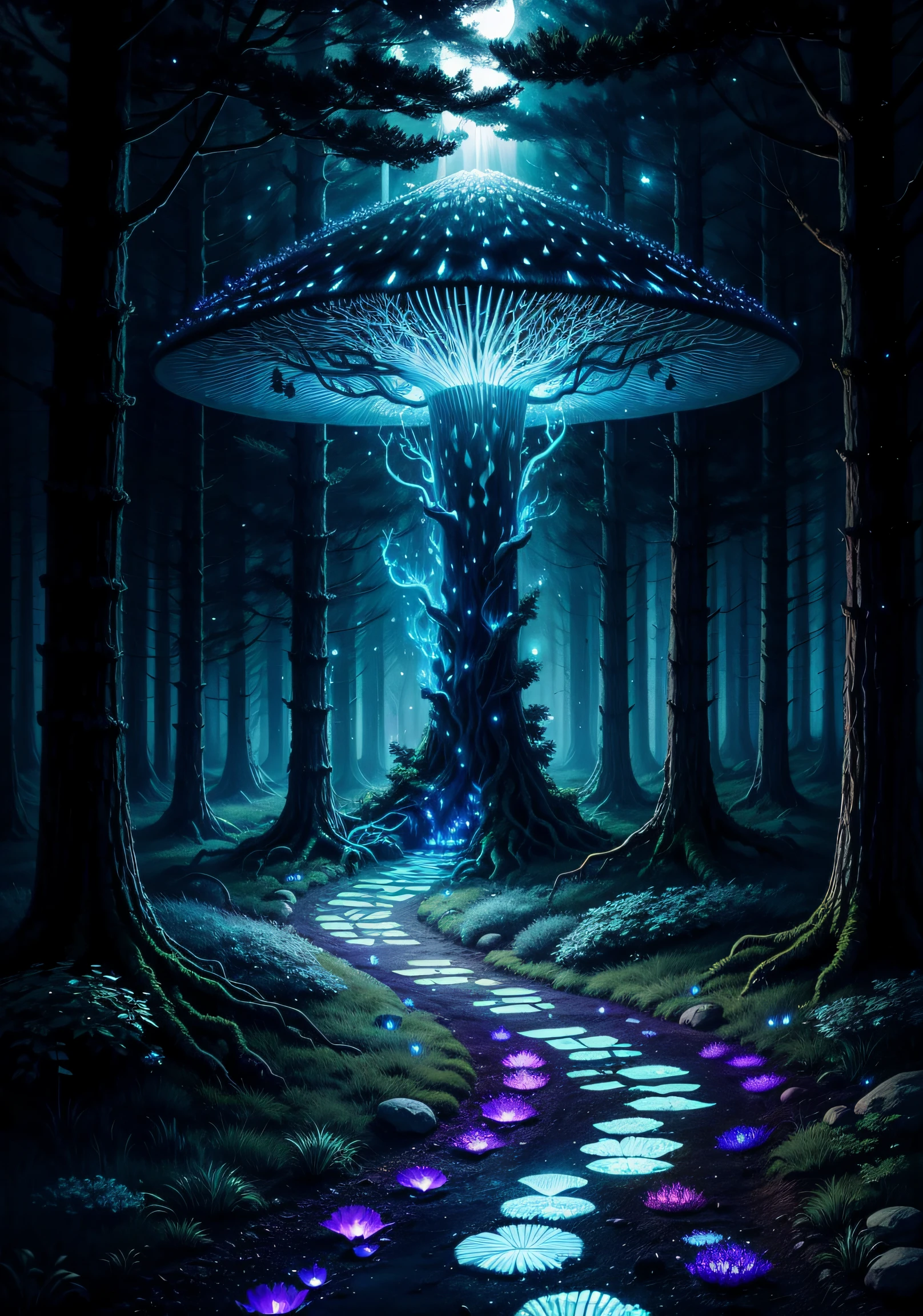 "Produce an image of an enchanted forest, where bioluminescent mushrooms light up the path, and mythical creatures roam in the moonlight."