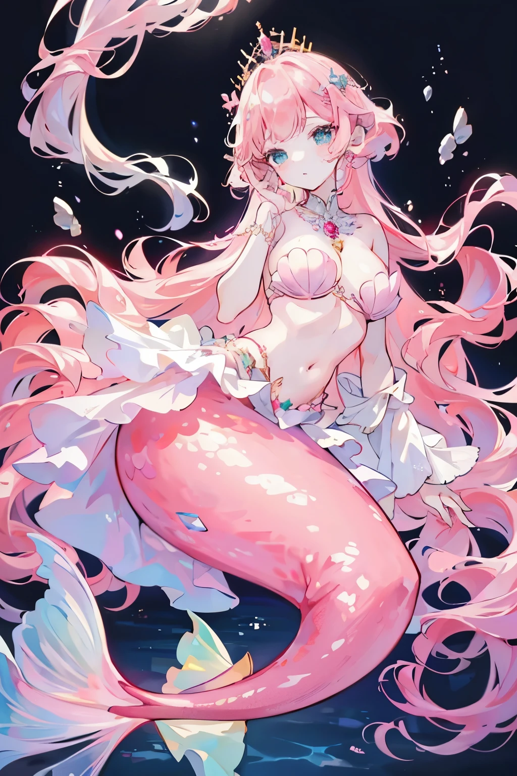 4K,A high resolution,A woman who is,golden pink hair,mermaids,White gold scales,Colossal tits,小mermaids,Shell bra,Princess Crown,Pearl decoration,Jewelry,ocean floor background,under the water