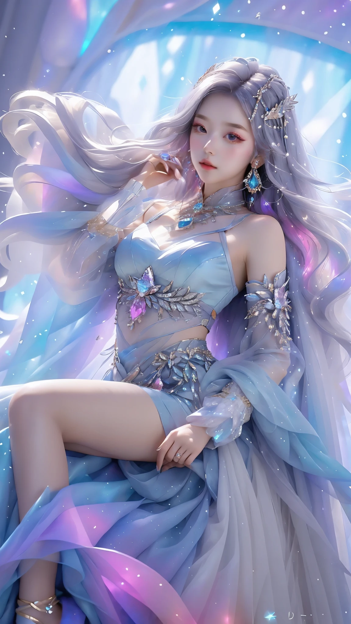 Best quality, 1 girl, Keda, Alone, Long gray hair, a blue dress, looking at viewert, upper part of body, Multicolored glowing crystals，Wearing an ankle-length skirt