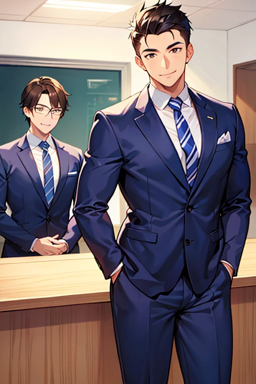 male people、28 year old、manly、Have muscles、businessman、s Office、suits、up of face、neat face、Allback、Smile proudly