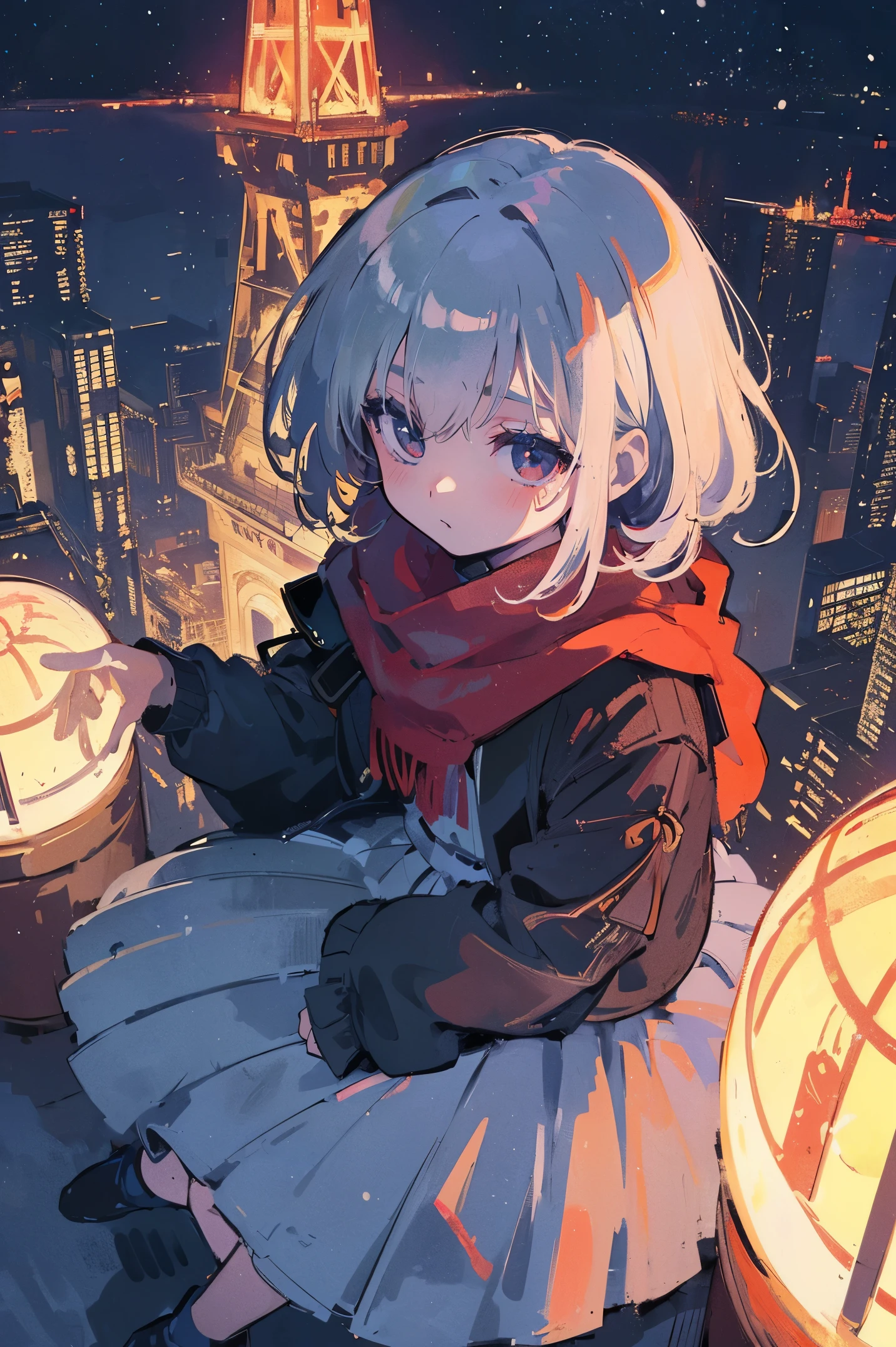 (​masterpiece、top-quality、Official art:1.2)、Look at viewers、(Little Girl))、（Winter clothes，colorless hair）（nighttime scene）（With illuminated Tokyo Tower in the background），realisitic、(2D:1.5)