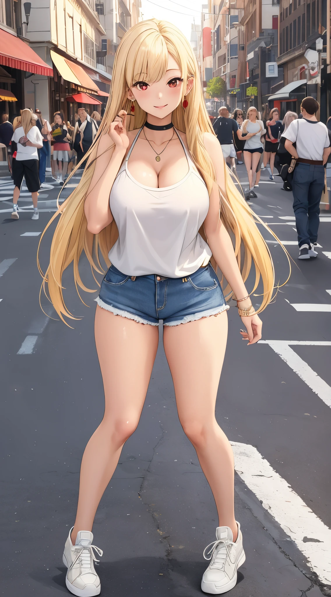 masterpiece, best quality, highres, kitagawa marin, 1girl, blonde hair, long hair, swept bangs, gradient hair, red eyes, jewelry, earrings, piercing, short shorts, glossy lips, light smile, city street, sneakers, cleavage