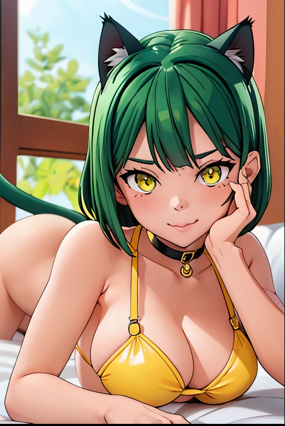 Cute girl, bikini, sexy body, Short dark green hair, Beautiful yellow eyes, cat ears, cat collar, cat tail, Cat pose