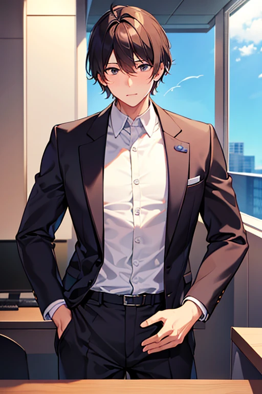 male people、28 year old、manly、Have muscles、businessman、s Office、suits、up of face、neat face、Allback、Raise hair、