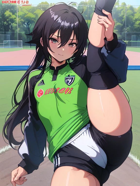 (((Official art,superfine illustration,hight resolution, masutepiece, best qualtiy,Best Quality,)))hightquality, detaileds, (A ),12 years oace striker male idol with a super cute face,A boy as beautiful as Planding, Cool handsome face with smile, soccer spike, Long legs, thighs thighs thighs thighs, Foots, Bulge, (Black hair、Spiky hairstyle)、Shiny hair, (tight shiny white soccer uniform suit), (tight and shiny soccer shorts), (Soccer Socks), tussock, Cool pose, (厚いthighs thighs thighs thighs、Seduce your big ass to your crotch)、(((soccer field in the park)))、((cocky、))、Smirk、,Ultra-fine painting, (Best Quality, 4K, 8K, hight resolution, masutepiece:1.2),、((detailedsな目:1.2))、kawaii eyes、((((standing split、Flexibility gymnastics、Soft body、Lift your legs)))),