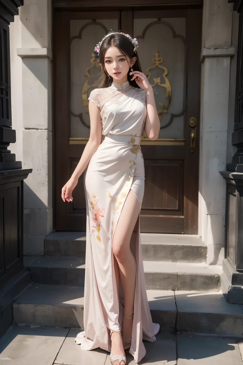 generate a beautiful lady wearing balinese kebaya, multicolor colorfull hair, wearing tight balinese kebaya , holding a flower, she is a beautifull lady who is really charming, beautiful face,fullbody picture,((sfw)),standing in front of balinese temple, best quality, masterpiece,4k, epicrealism