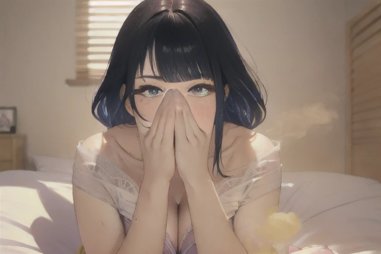 sitting under the bed,((one girls)),((View from an angle)),Yellow smoke,velocity,, (Yellow smoke is rising ),((Hip Attack)),masterpiece:1.2、top-quality)、(the Extremely Detailed CG Unity 8K Wallpapers、ultra-detailliert、Best Shadows)、(细致背景)、(The best lighting、extremely delicate and beautiful)、depth of fields,),( ((woman smells bad odor、Both women must cover their noses with their hands...))),((Female smell、react to bad odor)),,(Cute eyes and shy expression),(((white futon background)))