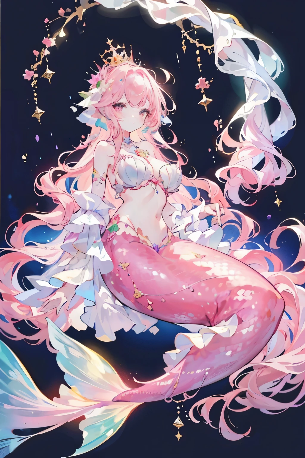 4K,A high resolution,A woman is,golden pink hair,mermaids,White gold scales,Colossal tits,小mermaids,Shell bra,Princess Crown,Pearl decoration,jewely,ocean floor background,Under water