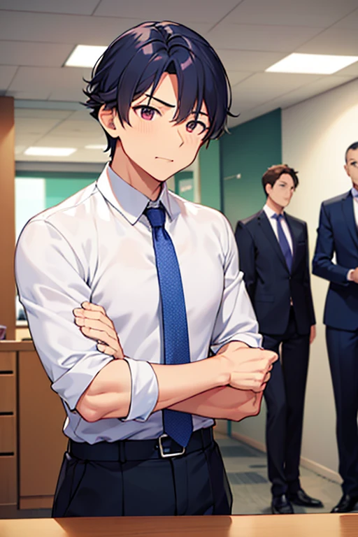 male people、40age、manly、Have muscles、businessman、s Office、suits、up of face、neat face、The upper part of the body、bend your mouth、Mohican