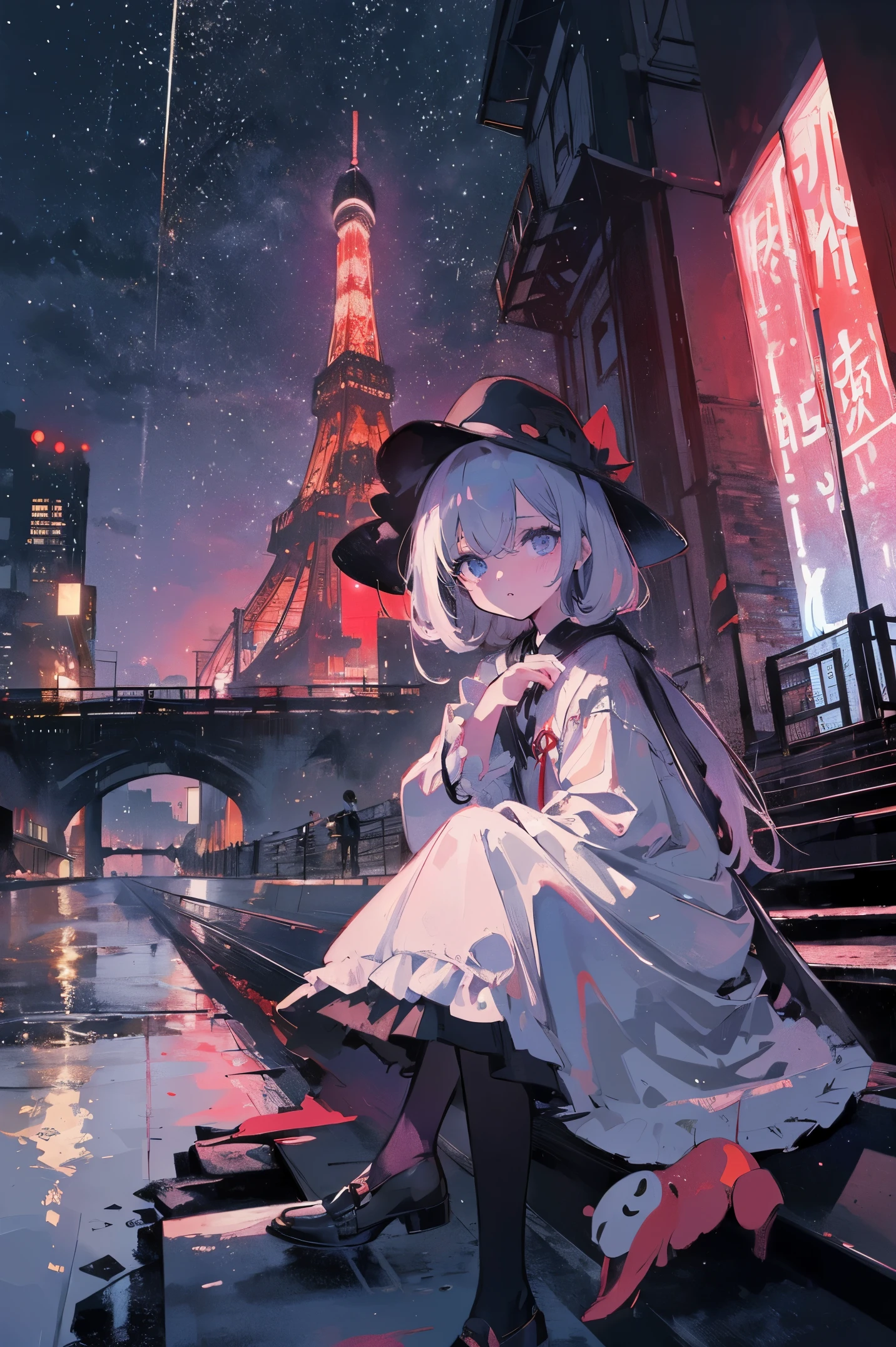 (masterpiece、top-quality、Official art:1.2)、Look at viewers、(Little Girl))、(Reaper Clothing,colorless hair)(nighttime scene)(With illuminated Tokyo Tower in the background),realisitic、(2D:1.5)