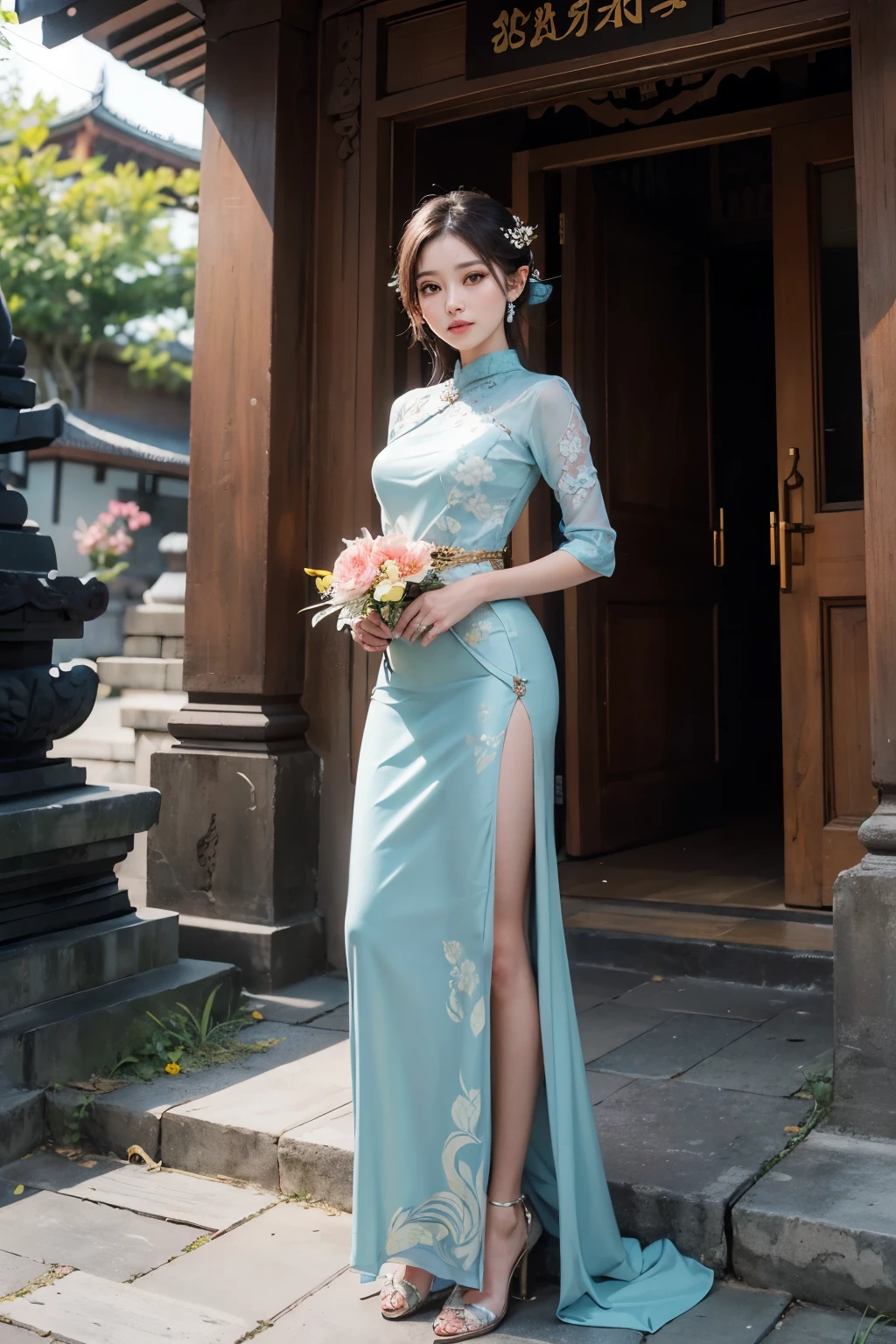 generate a beautiful lady wearing balinese kebaya, multicolor colorfull hair, wearing tight balinese kebaya , holding a flower, she is a beautifull lady who is really charming, beautiful face,fullbody picture,((sfw)),standing in front of balinese temple, best quality, masterpiece,4k, epicrealism