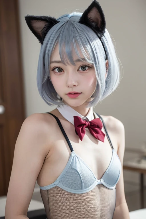 Rei Ayanami style light blue wig、White cat ears、red bowtie、A fair-skinned and delicate 18-year-old、face perfect、Young but super cute、Luxury、small tit、Black fishnet stockings、I have my dick in