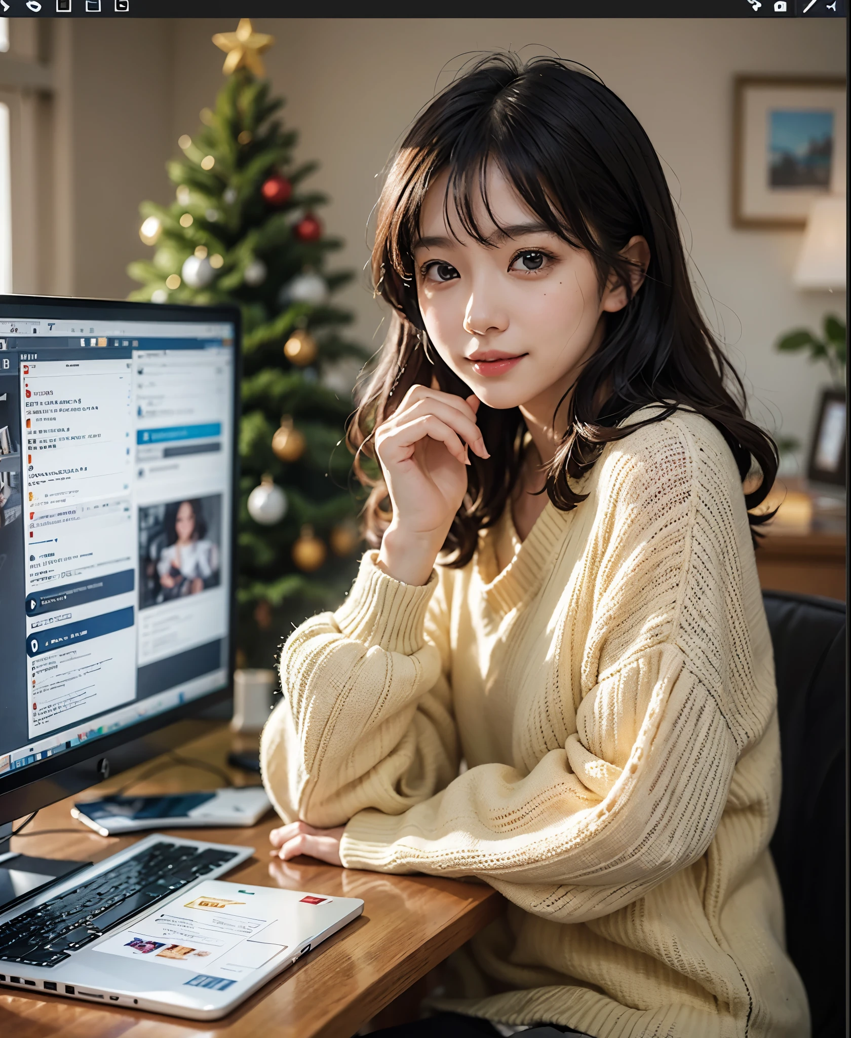 ((A woman appears on a computer monitor))、smiling and smiling、talking remotely、christmas night、she is talking to the audience、Beautiful girlfriend、Beautiful girlfriend、A small Christmas tree is placed in front of the monitor.、The viewer is talking to her through the monitor.、