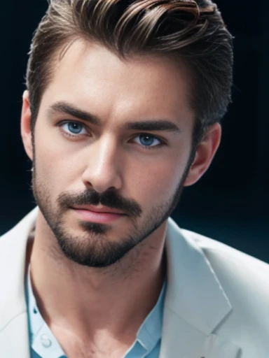 A handsome man, cunning, suits, facial hair, jerk face, blue eyes