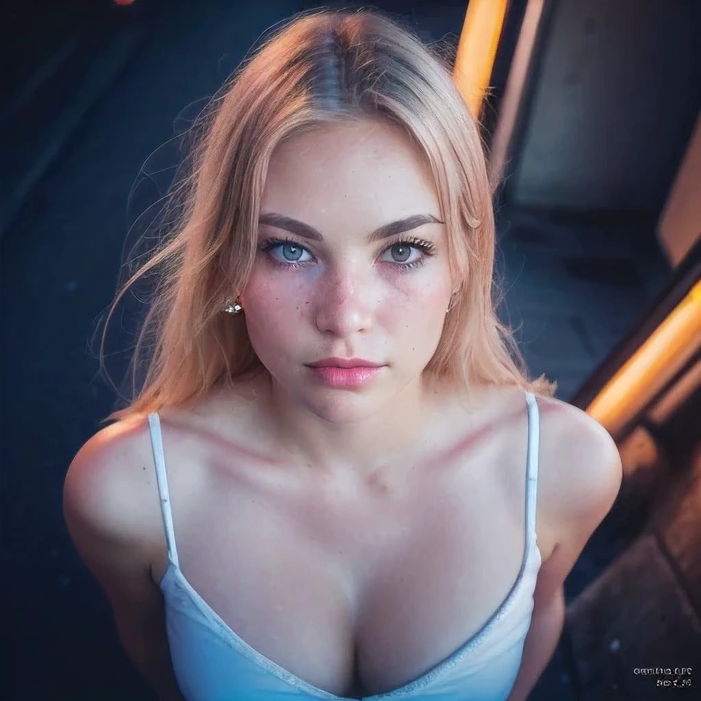 (selfie, top view: 1.4), (straight half of the body: 1.4), RAW UHD portrait photo of a 24-year-old blonde (blue-eyed woman) walking down a dark alley, large breasts,, city at night, (skirt), (neckline), details (textures! , hair! , glitter, color!! , disadvantages: 1.1), glossy eyes with high detail (looking at the camera), SLR lighting, SLR camera, ultra-quality, sharpness, depth of field, film grain (center), Fujifilm XT3, crystal clear, frame center, beautiful face, sharp focus, street lamp, neon lighting, bokeh (dimly lit), night, (night sky), detailed skin pores, oily skin, sunburn, complex eye details, full body, large breasts