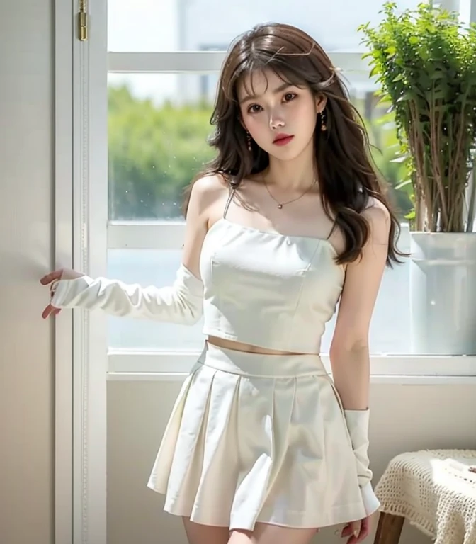 (bestquality, Realistic: 1.3), 1girl in, Middlebox, Light brown hair, blunt bangs, hair behind ear, hair over shoulder, long-haired, Slender Figure, ultra-fine face, Sensitive lips, beautidul eyes, Thin blush, The eyes are light brown.........., Perfect glossy skin, Flawless skin, Glittering sweat, See here.........., Ultra-thin hands, Ultra-fine fingers, best ratio four fingers and one thumb, (reality:1.3), finger extension, white blouse, White short skirt, super model legs, flat. , Eye-Level Shot, chesty, 10,Broadleaf forests (environment, In the area) (Random costumes,Random clothing color)