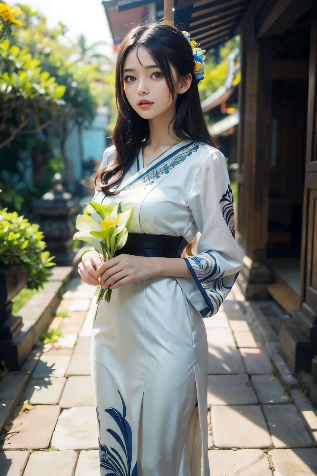 generate a beautiful lady wearing balinese kebaya, multicolor colorfull hair, wearing tight balinese kebaya , holding a flower, she is a beautifull lady who is really charming, beautiful face,fullbody picture,((sfw)),standing in front of balinese temple, best quality, masterpiece,4k, epicrealism
