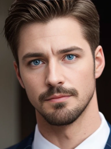 A handsome man, cunning, suits, facial hair, jerk face, blue eyes