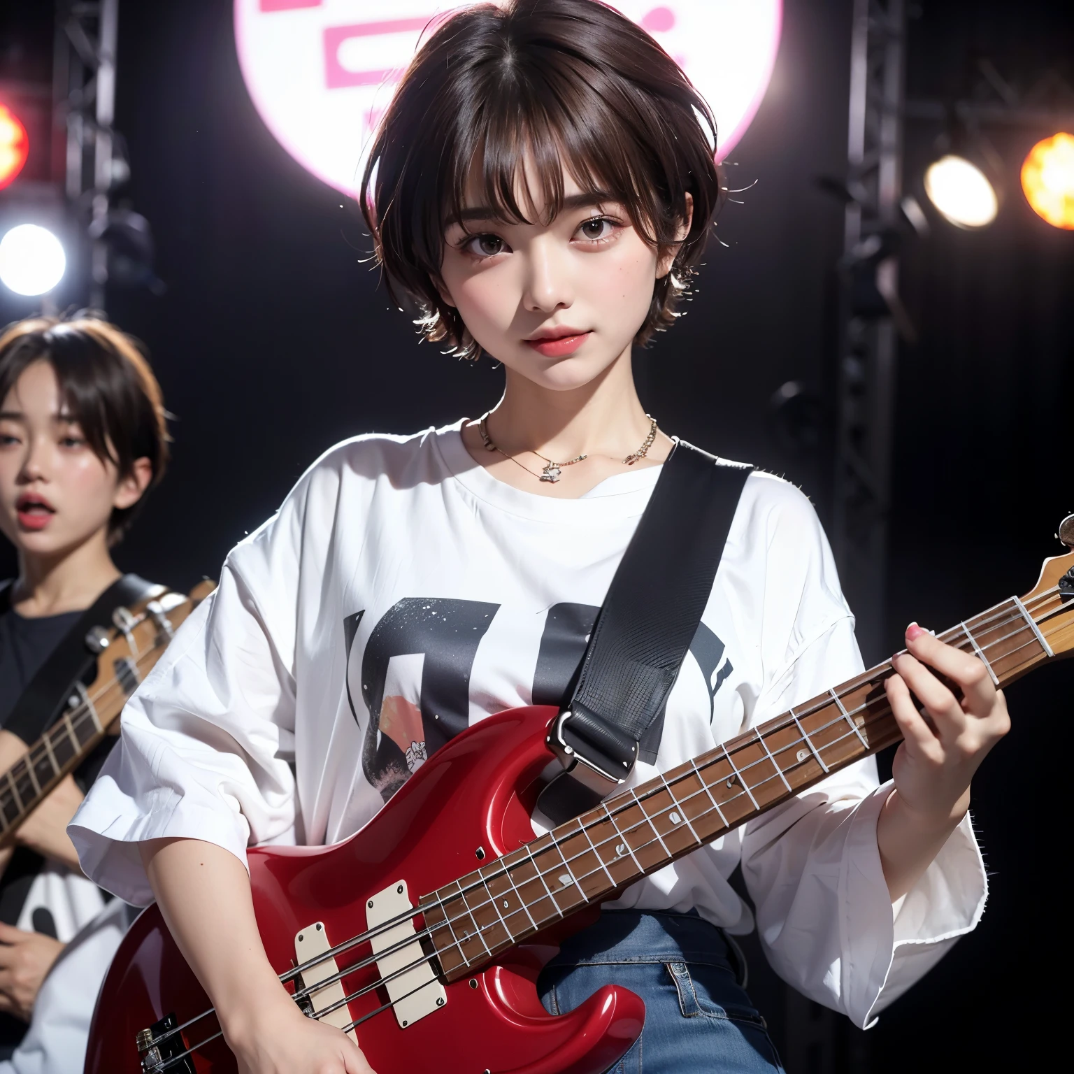 ((top-quality))、(masterpiece:1.4)、Raw photography、8K、((Top image quality))、 ((hight resolution))、Beautiful face in every detail、realisiticな人の肌、Gentle expression、(One lady:1.3 )、realisitic、(rather short hair:1.4)、(Beautuful Women)、(cute Japanese girls:1.3)、(boyish:1.3)、((mannish))、((Pretty Woman))、(Beautiful hair)、((dark brown hair))、With bangs、(((Red cheeks)))、(Her eyes are big:1.3)、20-year-old beauty、(her face is small:1.3 )、small head、((long neck))、a necklace、((music festival))、(Concert T-shirt)、((On stage))、(play bass guitar:1.3)、((Happy look))、singers、Everyone admires her、rock band、(young woman admires her、(popular person)、(Dynamism)、(Oversized clothes)、Band Group Vocals、