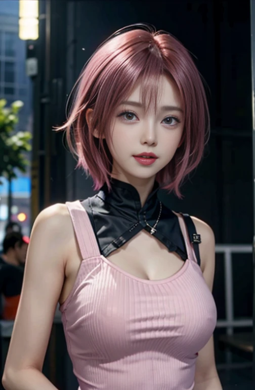 19-year-old woman,short pink hair, Pink eyes, Pink assassin's clothes, opened breast, Smirk, masutepiece, hiquality