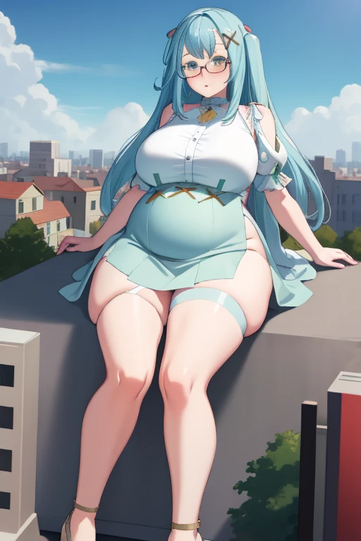 Giant maiden，Moe two-dimensional style，Pregnancy status，Round belly, Huge breasts, Thick thighs, Thicc，Gaze at the bustling city, Lying down, Glasses, Maid clothes, Full body