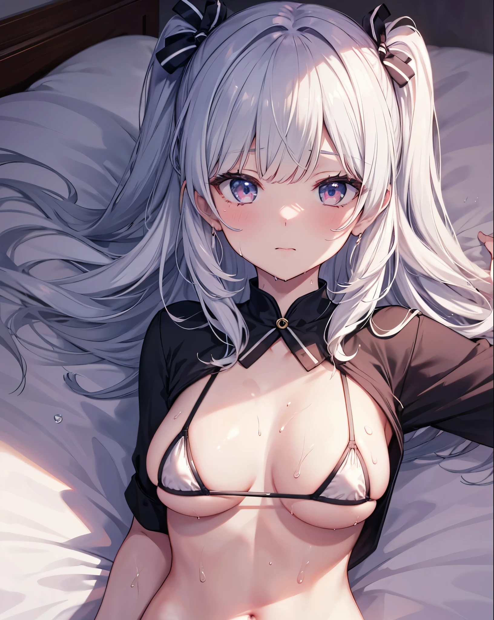 hiquality, Unreal engine, kamisato_ayaka, Average Breasts,, micro bikini, panties visible, wet panties, cute face, 1 girl, 独奏, on the beds, , sperm on face, visible breasts and vagina