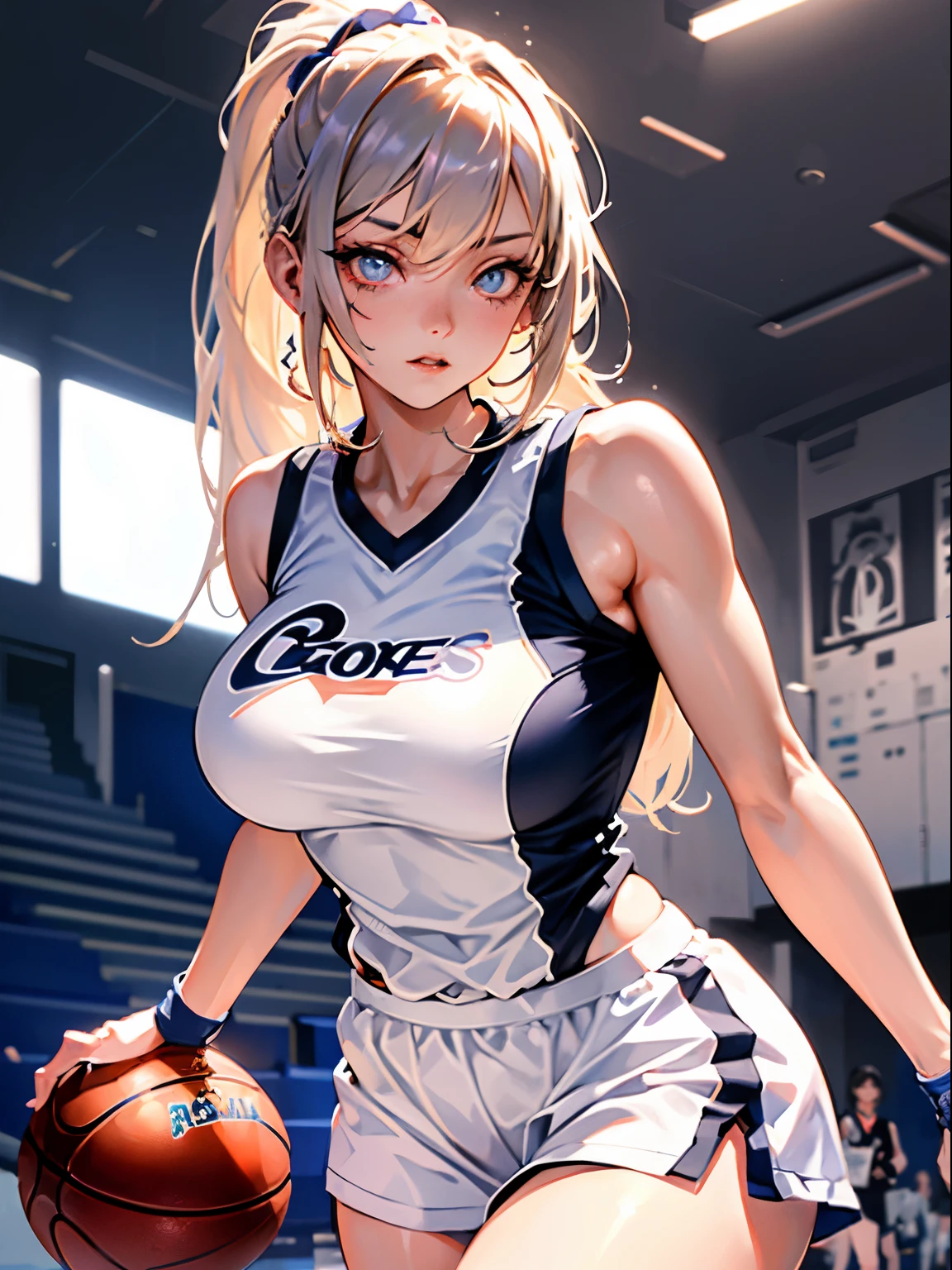 (Best Quality, masutepiece),ultra detailed photographic,1girl in, female basketball athlete ,Large breasts,nice legs,At the basketball venue,Detailed beautiful face,Beautiful eyes,detailed hairs,detailed  clothes,Detailed realistic skin,Cool,Dynamic Angle,