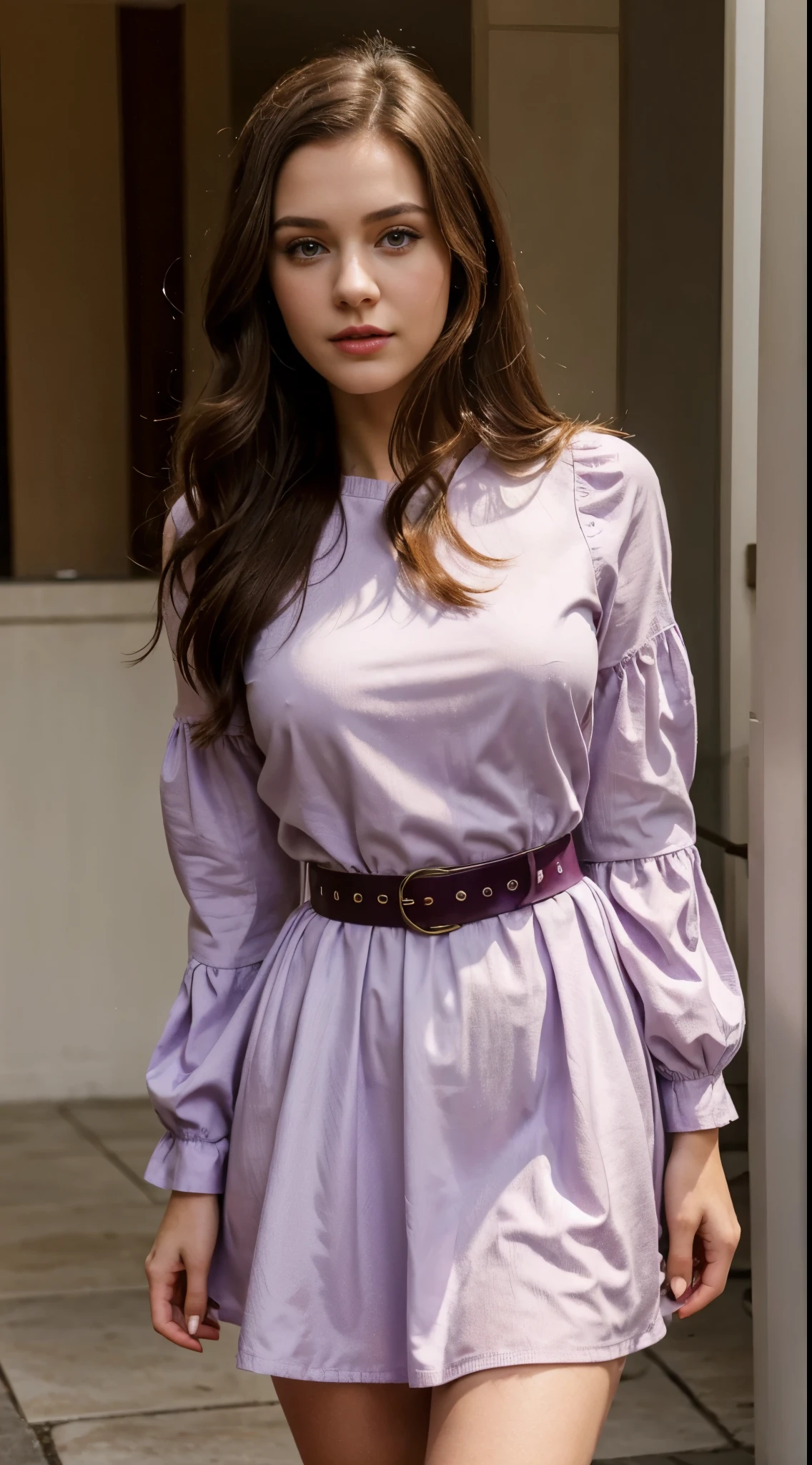 a beautiful 19s young girl, wearing purple fit and flare dress, puffed sleeve, red lips, brunette hair, very beautiful, real, frackles, blemishes, masterpiece, professional model photography, day, wears belt in her waist, embellished dress