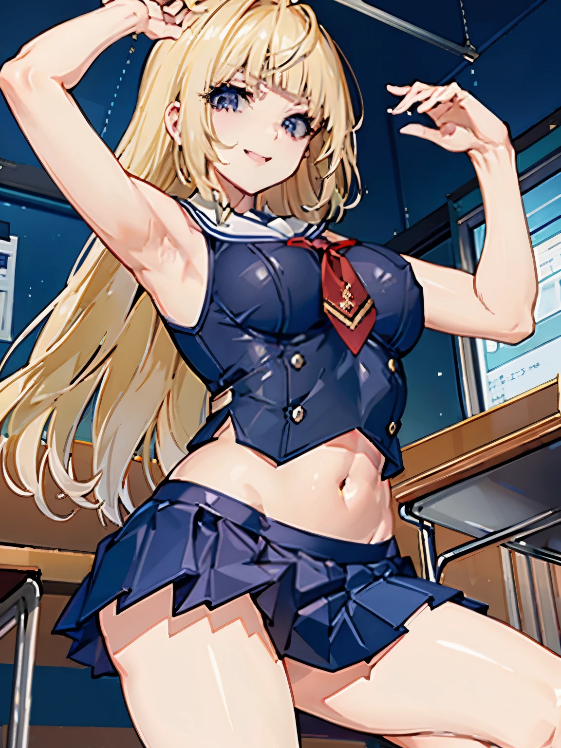 top-quality、realistic touch,high-detail、photoRealstic、thin-waist、captive beauty、big eye、solid platinum-blonde eyelashes、platinum-blonde、full body Esbian、Sparkling eyes、Submissive smile、Flushed cheeks、Kamimei、thin-waist、Voluptuous thighs、Enraptured look、In the classroom of  the school、Navel look、She is in estrus、a sailor suit、cocky expression、Colossal tits、Super short skirt with V-line visible、Camera angle from below、Big breasts visible between uniform and stomach、Sleeveless