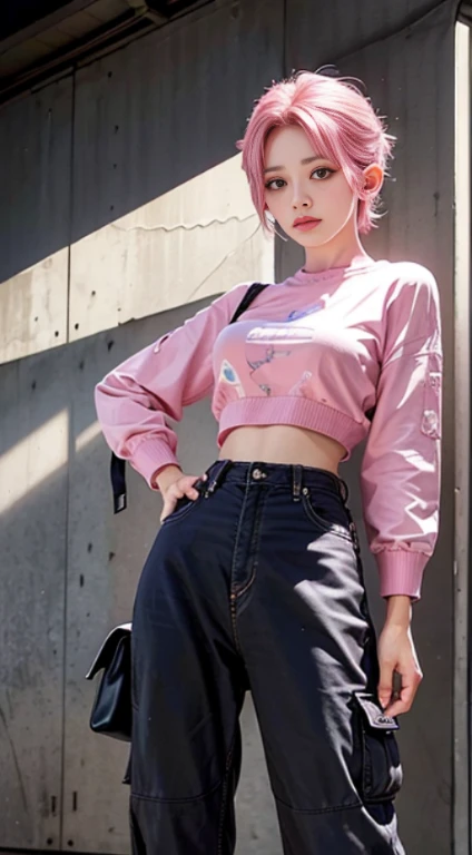 19-year-old woman,short pink hair, Pink eyes, Pink assassin's clothes, opened breast, Smirk, masutepiece, hiquality