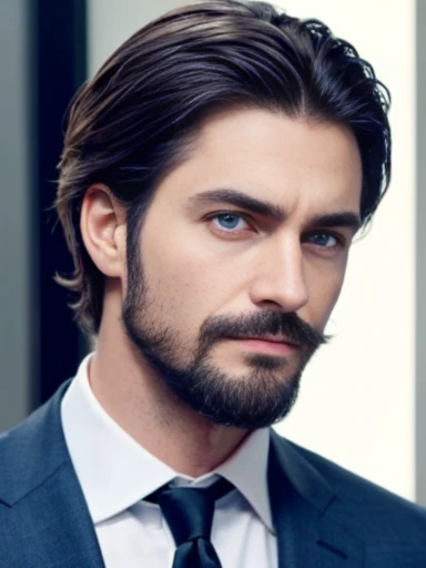 An evil handsome man, cunning, suits, facial hair, jerk face, blue eyes
