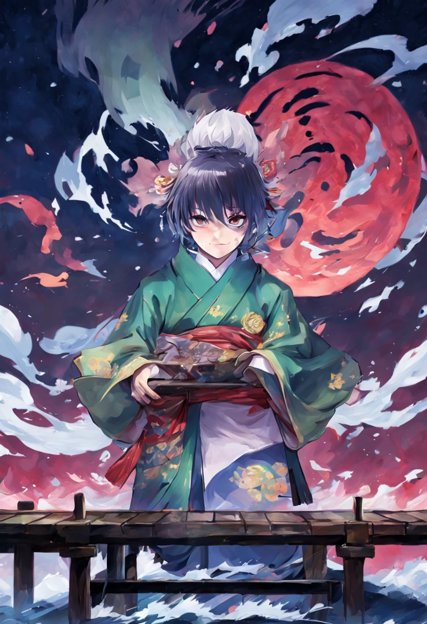 A painting of a man in kimono standing on a platform, author：Hero, drak, cai xukun, Handsome Japanese demon boy, Beautiful hermaphroditic prince, Handsome guy in the art of slaying demons, Guweiz style artwork, Belle peinture de personnage, inspired by Guan Daosheng, Inspired by Zhang Sengyao, Chen Lin，8 k, Anime style 4k, anime epic artwork, 4kanime wallpaper, anime wallpaper4K, anime wallpaper4k, Anime art wallpaper 4k, Anime art wallpaper 4k, 4k manga wallpapers, hd anime wallpaper, Anime art wallpaper 8 K, anime wallpaper