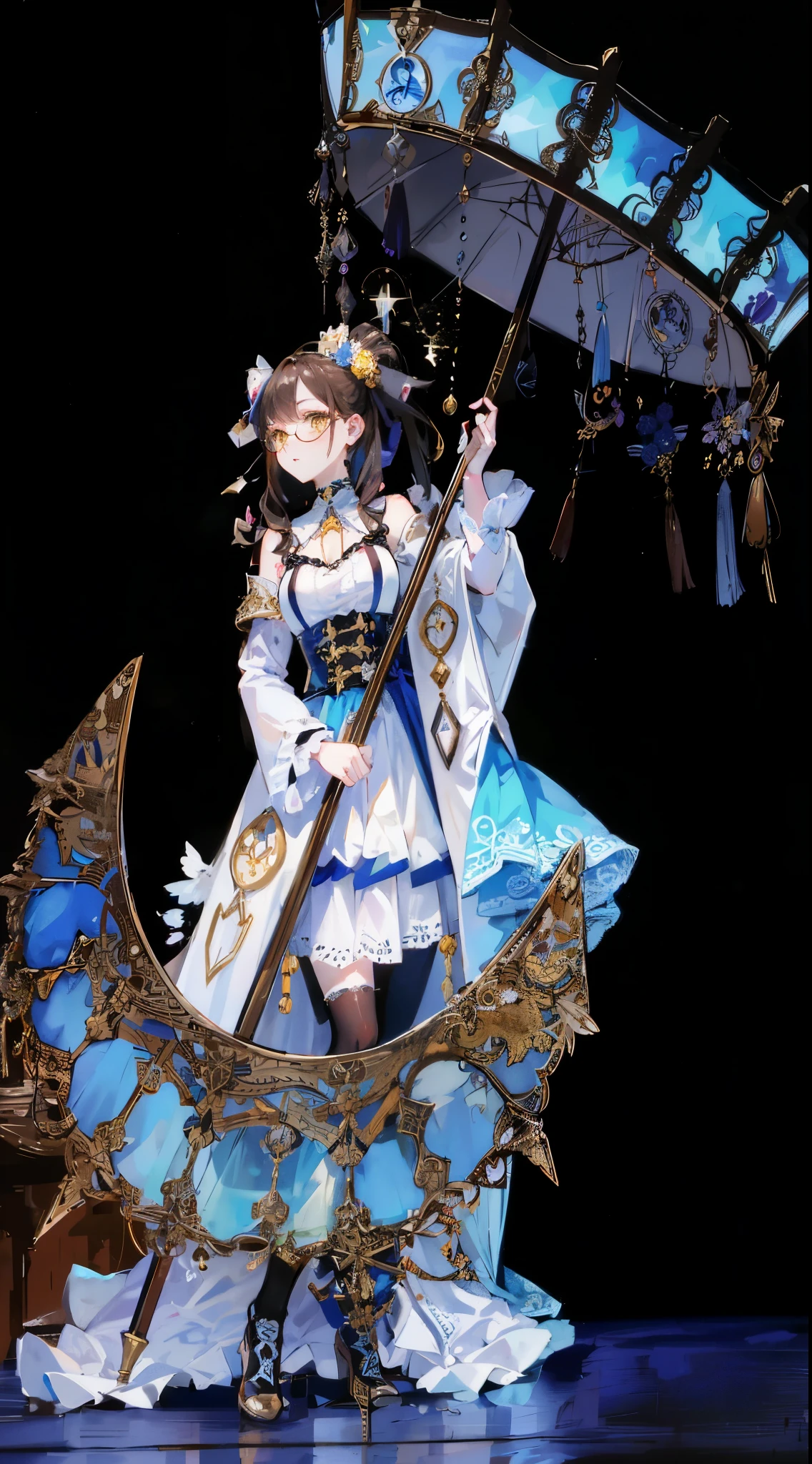 arafed woman in a costume with a blue umbrella on a stage, brown hair, long hair, glasses, round circle glasses, yellow eyes, victorian gothic ta fashion, ornate , angelic pretty, elaborate costume, the empress’ hanging, loliashion, rei hino as a princess, ornate korean polearm behind her, takeyuki kanda, baroque visual kei decora art, in a fancy elaborate dress, intricate costume design