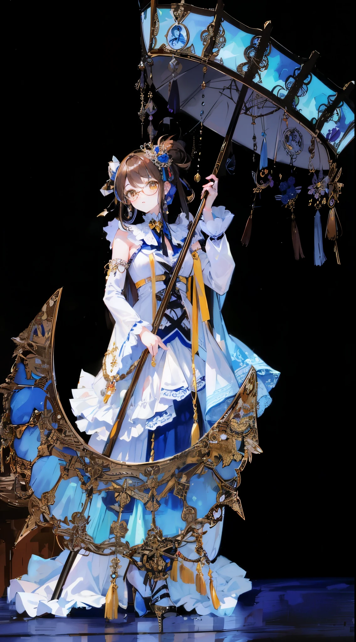 arafed woman in a costume with a blue umbrella on a stage, brown hair, long hair, glasses, round circle glasses, yellow eyes, victorian gothic ta fashion, ornate , angelic pretty, elaborate costume, the empress’ hanging, loliashion, rei hino as a princess, ornate korean polearm behind her, takeyuki kanda, baroque visual kei decora art, in a fancy elaborate dress, intricate costume design