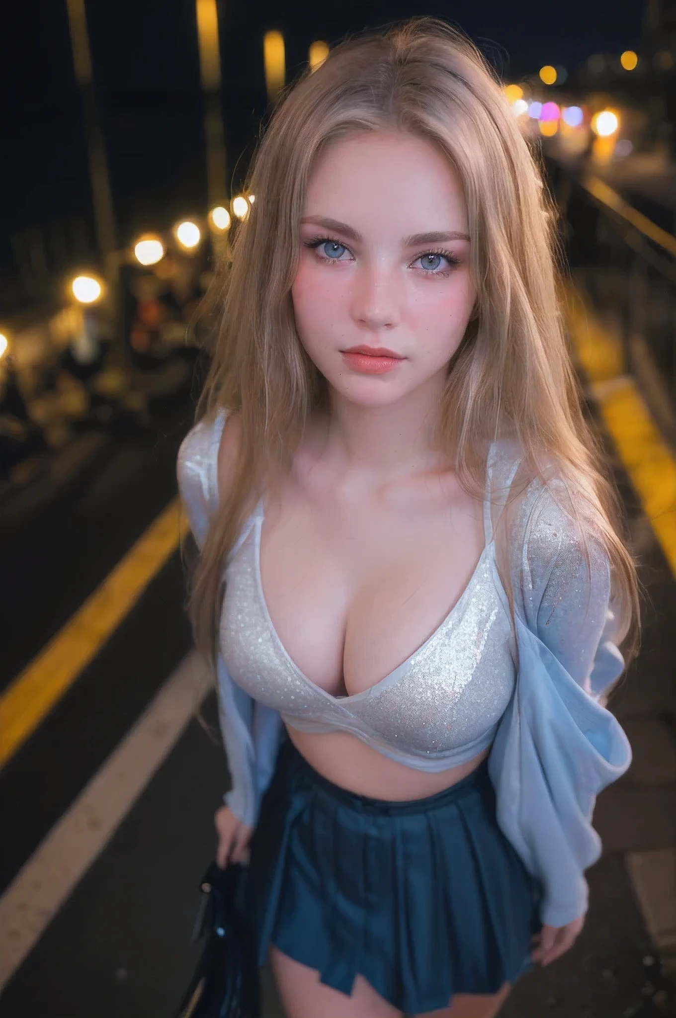 (selfie, top view: 1.4), (straight half of the body: 1.4), RAW UHD portrait photo of a 24-year-old blonde (blue-eyed woman) walking down a dark alley, large breasts,, city at night, (skirt), (neckline), details (textures! , hair! , glitter, color!! , disadvantages: 1.1), glossy eyes with high detail (looking at the camera), SLR lighting, SLR camera, ultra-quality, sharpness, depth of field, film grain (center), Fujifilm XT3, crystal clear, frame center, beautiful face, sharp focus, street lamp, neon lighting, bokeh (dimly lit), night, (night sky), detailed skin pores, oily skin, sunburn, complex eye details, full body, large breasts